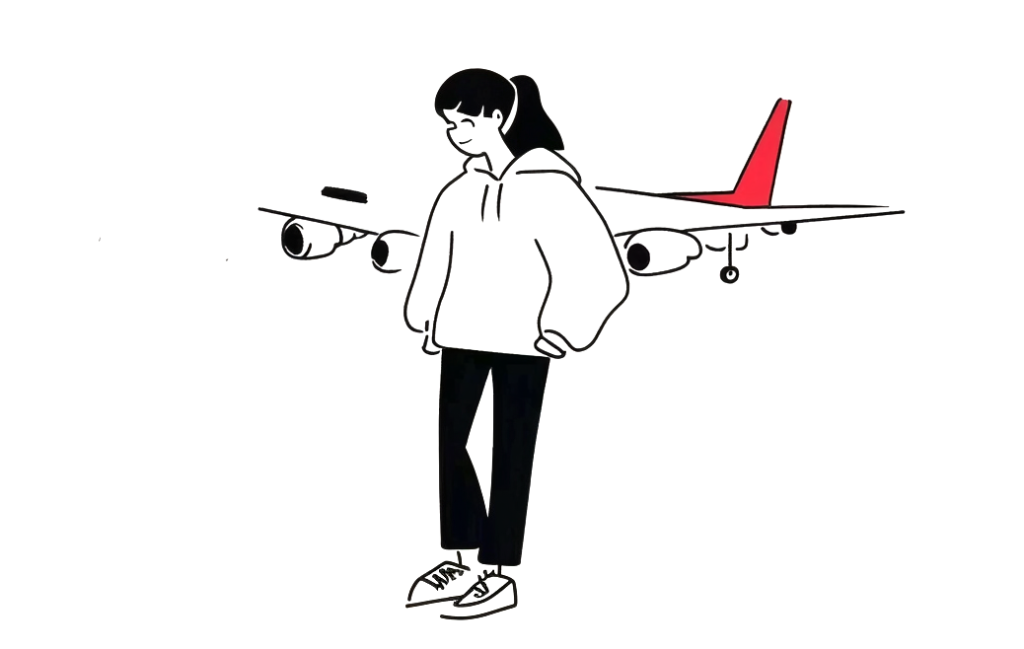 Illustration of a girl in front of an airplane